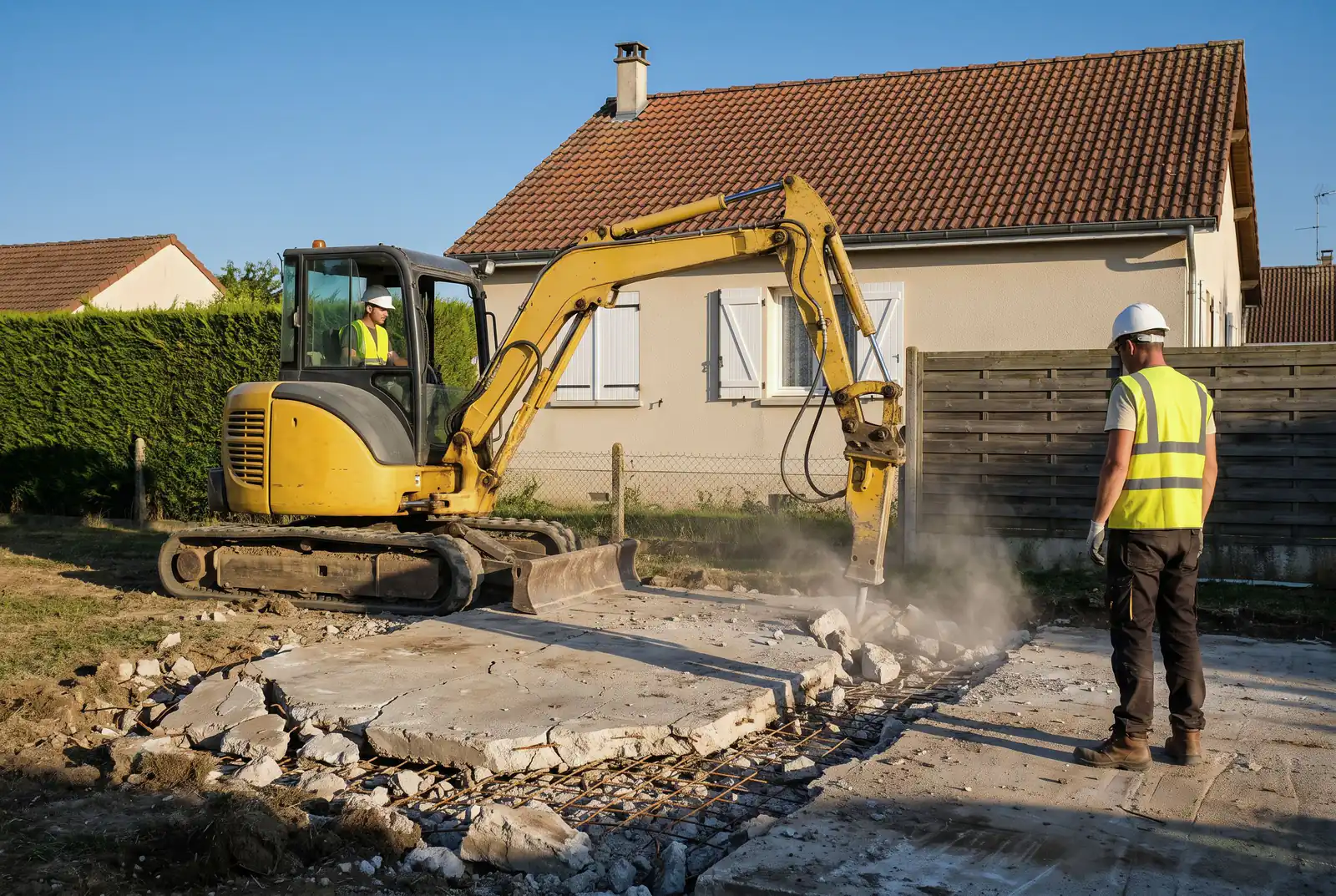 Illustration : mini-pelle équipée d'un brise-roche hydraulique cassant une ancienne dalle béton ferraillée dans le jardin d'une maison, ouvrier casqué en gilet à distance
